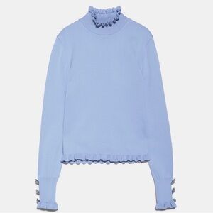 Zara High Collared Turtleneck Sweater Shirt Blue with Gem Buttons Long Sleeve